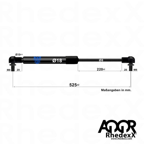 Gasfeder mit technischen Maßangaben in Millimeter, Gesamtlänge 525 Millimeter, Hub 220 Millimeter, Durchmesser 18 Millimeter, AQOR Rhedexx Logo.