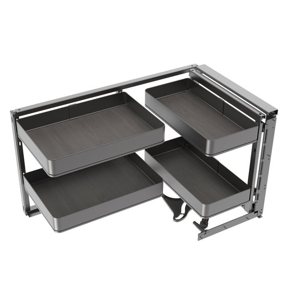 Eckschrankauszug für Küchenschränke mit vier Tablaren aus Metall und Böden in Holzoptik.