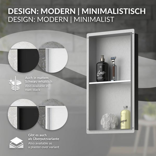 Moderne, minimalistische Wandnische für das Badezimmer mit zwei Ablagefächern, verfügbar in verschiedenen Oberflächen und als Überputzvariante.