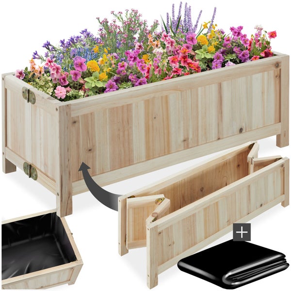 Faltbarer Blumenkasten aus Holz mit Pflanzfolie, geeignet für die Gartenbepflanzung, platzsparende Lagerung durch Klappmechanismus.