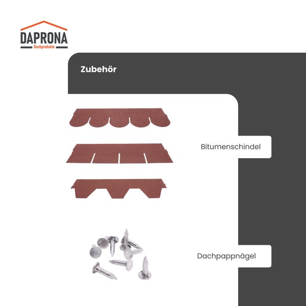 Daprona Logo, Dachzubehör bestehend aus verschiedenen Bitumenschindeln und Dachpappnägeln.