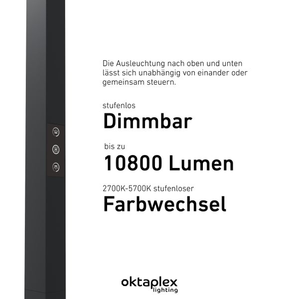 Büro Stehleuchte Lund dimmbar mit Präsenzsensor 10800lm 2700K-5700K Aluminium Monitorlampe schwarz 80W perfekte Arbeitsplatzbeleuchtung