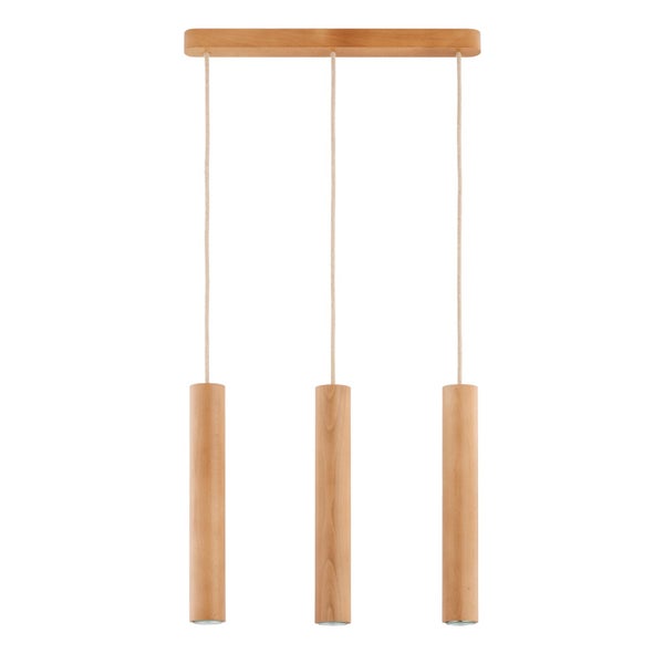 Dreiflammige Pendelleuchte aus Holz mit zylindrischen Leuchtkörpern und Textilkabeln