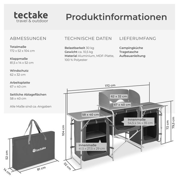 Campingküche XXL mit 5 Fächern tectake  172 x 52 x 104 cm faltbar grau