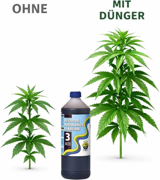Wachstumsvergleich einer Pflanze ohne Dünger und einer Pflanze mit Advanced Hydroponics of Holland 3 Micro Flüssigdünger.