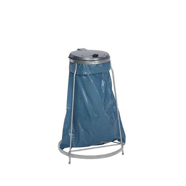 Müllsackständer aus Metall mit Deckel und blauem Müllsack, stabiler Rohrrahmen.