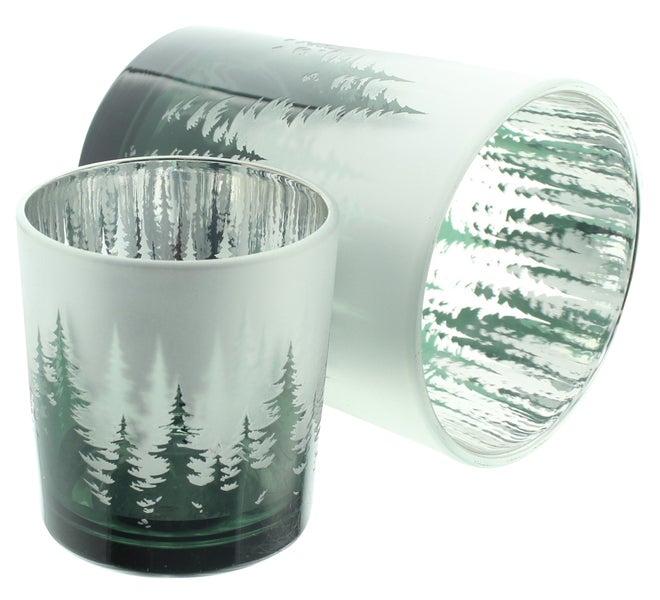 Zwei Teelichthalter aus Glas mit Waldmotiv