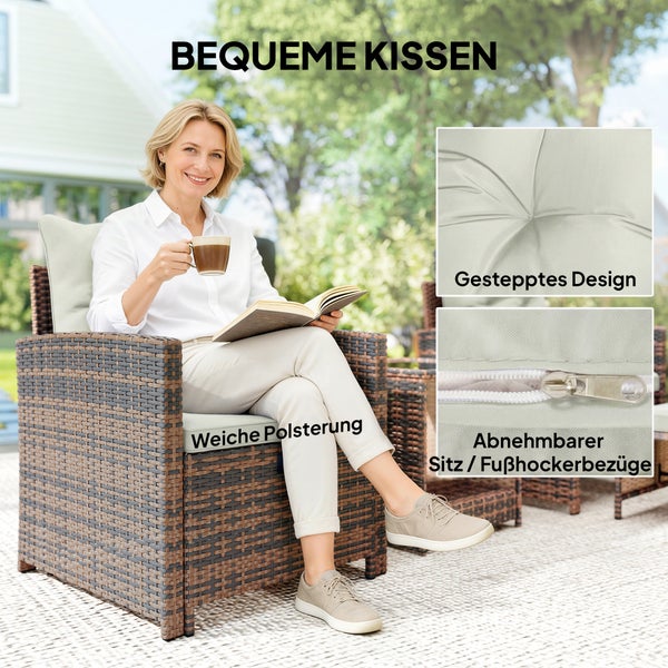 Person im Gartensessel aus Geflecht mit weichen Polstern, gestepptem Design und abnehmbaren Bezügen mit Reißverschluss.