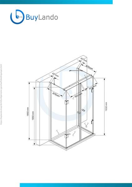 Technische Zeichnung einer Duschkabine mit Maßangaben