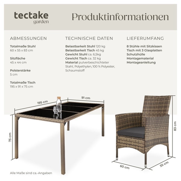 Rattan Sitzgruppe tectake Almansa inklusive Schutzhülle für 8 Personen natur/dunkelgrau
