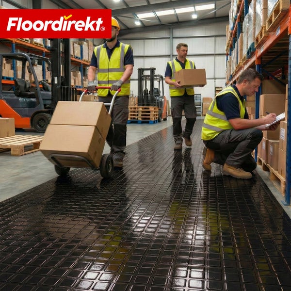 Industriehalle mit speziellem Bodenbelag und Mitarbeitern bei der Arbeit