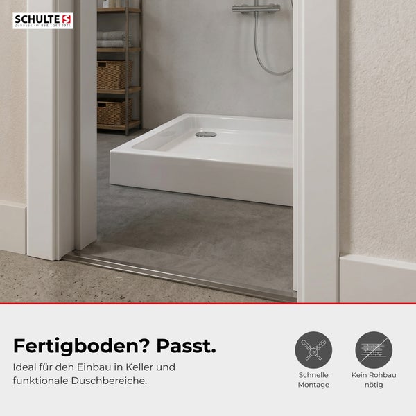 Weiße Duschwanne im modernen Badezimmer, Schulte Logo, Symbole für schnelle Montage und kein Rohbau nötig.