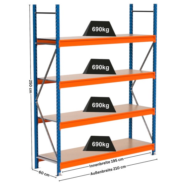Metallregal mit vier Ebenen und einer Traglast von 690 Kilogramm pro Ebene
