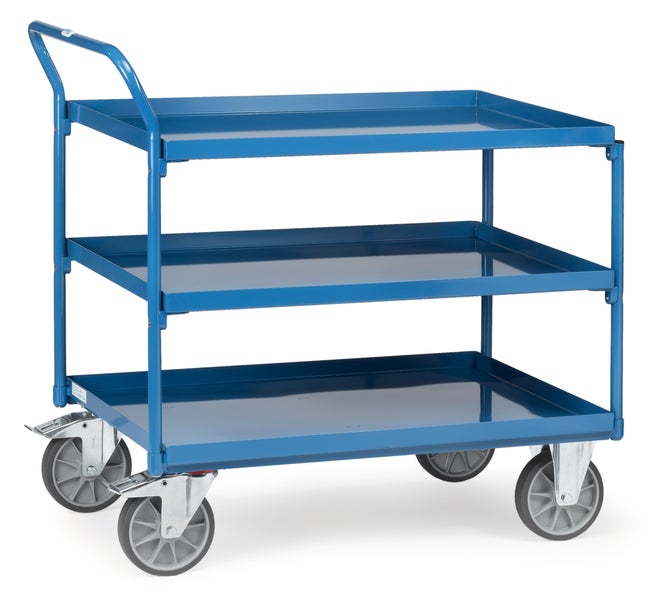 Blauer Etagenwagen mit drei Ablageflächen und Rollen