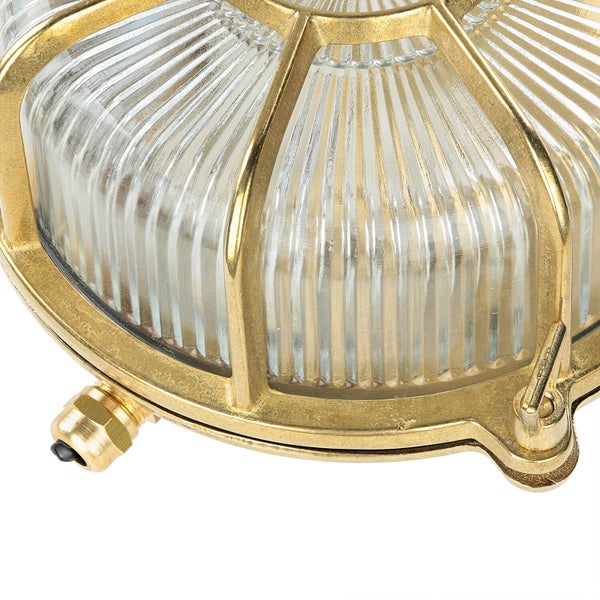 Detailansicht einer runden Außenleuchte mit Glasschirm und Metallgehäuse