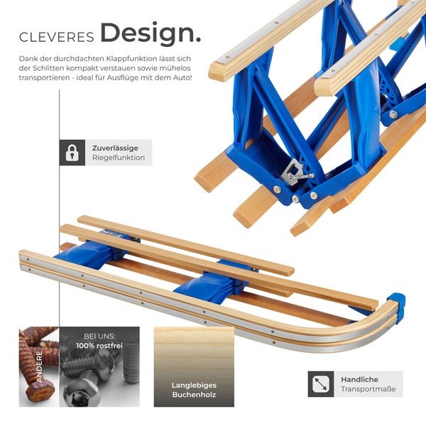Zusammenklappbarer Holzschlitten mit zuverlässiger Riegelfunktion, rostfreien Beschlägen und handlichen Transportmaßen