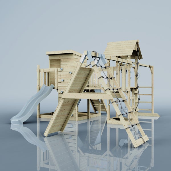 Holzspielturm mit Rutsche, Kletterwand und Seilleiter