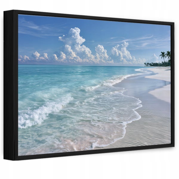 Wandbild mit Strandmotiv und Meerblick in einem schmalen Rahmen zur Wanddekoration