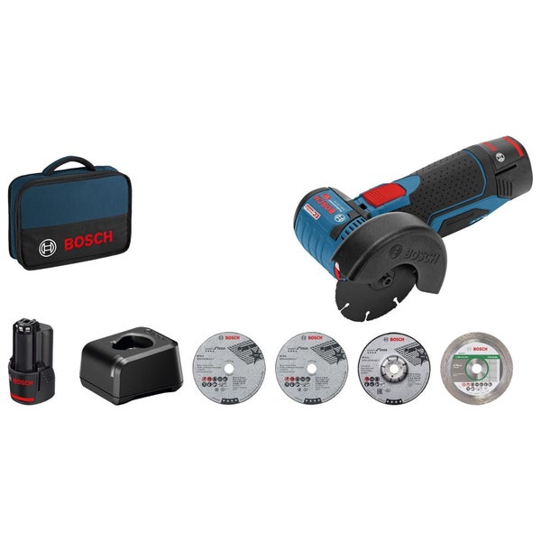 Bosch Akku-Winkelschleifer GWS 12 Volt-76 Set mit Akku, Ladegerät, Aufbewahrungstasche und vier verschiedenen Trennscheiben.