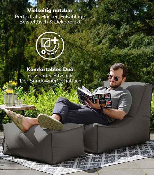 Outdoor Pouf, Hocker 60x45cm in Anthrazit / Schwarz für Balkon und Garten 'Der Ruhestifter' Bodenkissen eckig, Sitzwürfel, Fußhocker, Sitzpouf, Beistelltisch, EPS-Perlen Füllung, Indoor geeignet