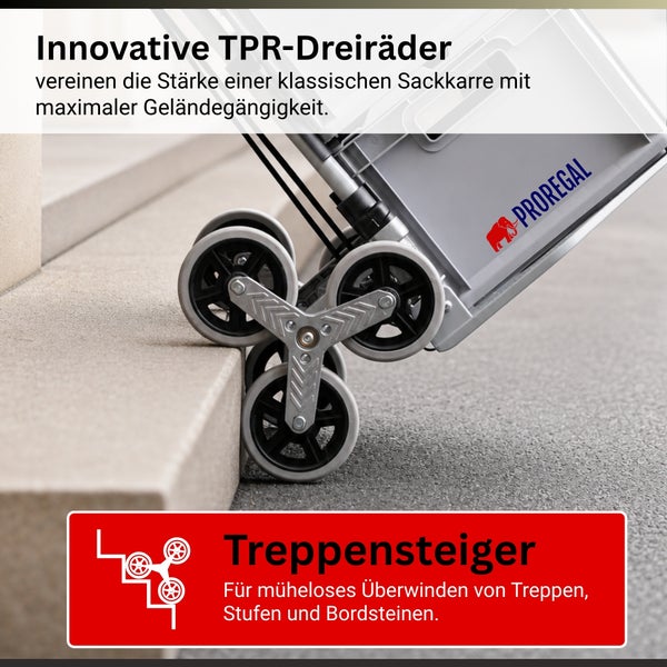 Proregal Logo. Treppensteiger Sackkarre mit Drei-Rad-System zum mühelosen Überwinden von Stufen und Bordsteinen.