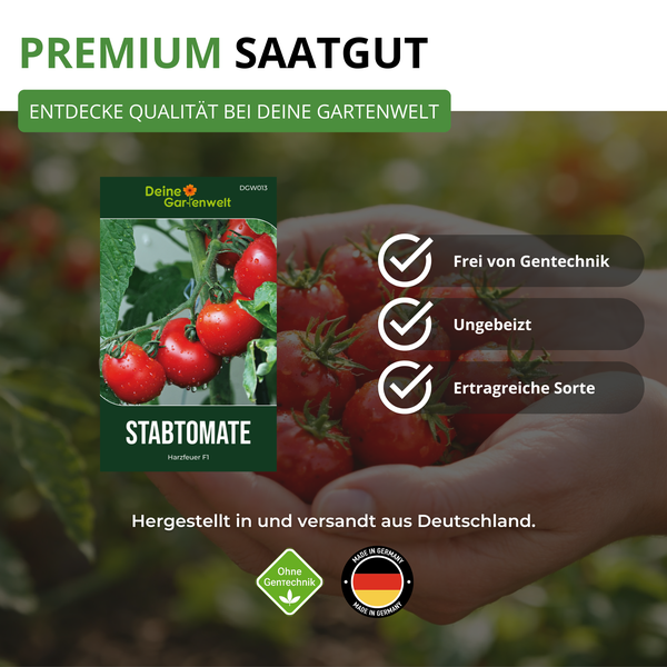 Samentüte für Stabtomate Harzfeuer F1 von Deine Gartenwelt, frei von Gentechnik, ungebeizt, ertragreiche Sorte, hergestellt in Deutschland.