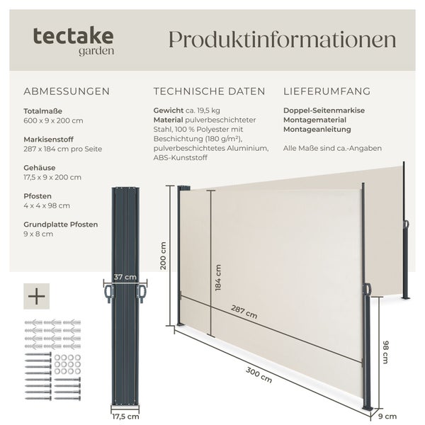 tectake garden Logo. Produktinformationen zur Doppel-Seitenmarkise mit Abmessungen, technischen Daten und Lieferumfang inklusive Montagematerial.