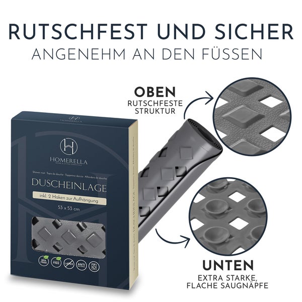 Homerella® Duschmatte rutschfest - 100% BPA frei - Inkl. 2 Haken zum Aufhängen 53x53cm - Antirutschmatte Dusche hautsensitiv & schimmelresistent - Duscheinlage maschinenwaschbar