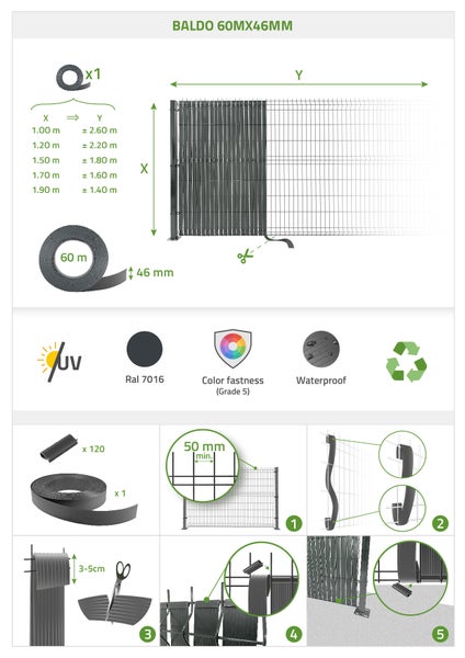 PVC Sichtschutzstreifen 60m BALDO B.46mm Grau