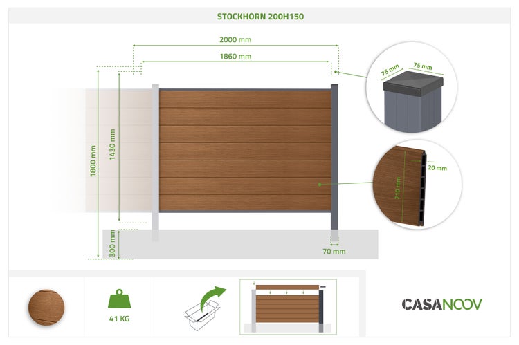 WPC Sichtschutzzaun Stockhorn 200H150 von Casanoov mit Maßen: 2000 Millimeter Breite, 1800 Millimeter Höhe, Lamellen 210 mal 20 Millimeter.