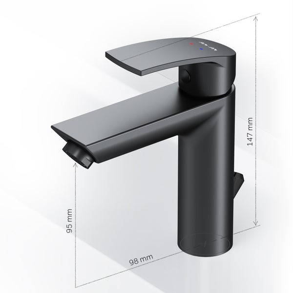 AM PM Waschtischarmatur mit den Maßen 147 mm Höhe, 95 mm Ausladung und 98 mm Sockelbreite.