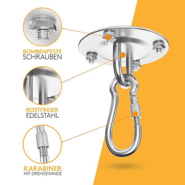 Deckenhalterung aus rostfreiem Edelstahl mit stabilen Schrauben und einem Karabiner mit Drehgewinde.