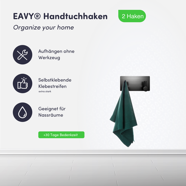 EAVY Handtuchhaken Set mit 2 Haken, schwarze Hakenleiste, werkzeuglose Montage, selbstklebend und für Nassräume geeignet.