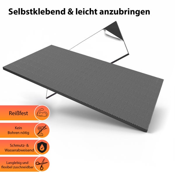 Selbstklebende, reißfeste und wasserabweisende Matte, die flexibel zuschneidbar ist und keine Bohrung erfordert.