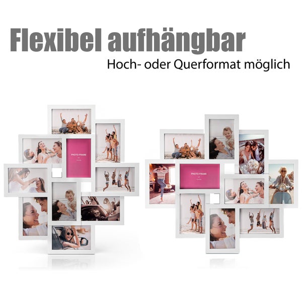 Zwei weiße Fotocollage Rahmen für mehrere Bilder mit der Möglichkeit zur flexiblen Aufhängung im Hoch- oder Querformat für verschiedene Bildgrößen.