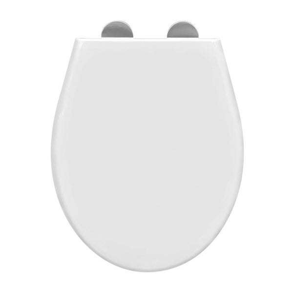 Ein schlichter WC-Sitz mit Deckel aus Kunststoff inklusive Metallscharnieren.