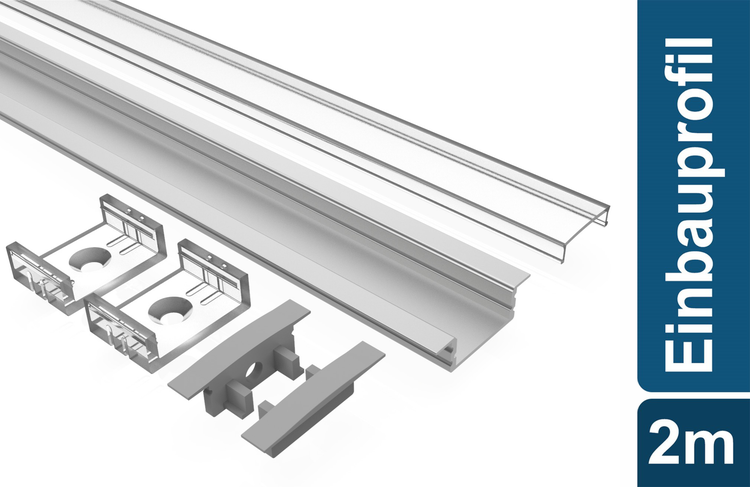 TIVENDIS Led Alu Profil 2 m EF Komplett Set für Strip / Streifen bis 12 mm breit | Abdeckung transparent klar, Endkappen |  Einbau Fußleisten Flachprofil eloxiert