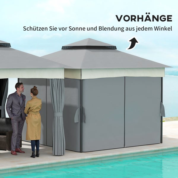 Gartenpavillon mit geschlossenen Vorhängen als Schutz vor Sonne und Blendung an einem Pool mit zwei Personen.