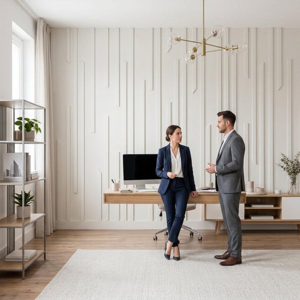 Modernes, helles Büro mit zwei Geschäftsleuten, die sich vor einem Holztisch mit Computer unterhalten, inklusive Regal und Wandpaneelen.