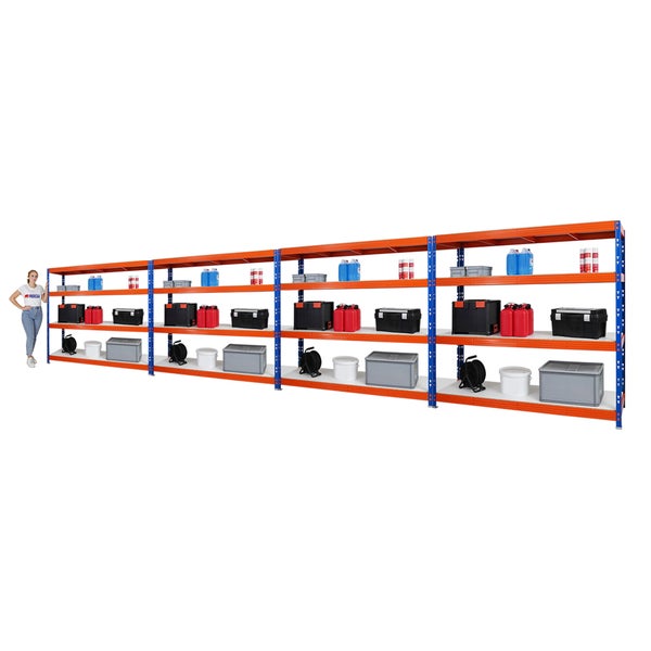 PROREGAL Mega Deal 4x Profi Schwerlastregal Rhino HxBxT 180 x 200 x 60 cm 4 Melamin-Ebenen 16mm Fachlast 500 kg Blau-Orange