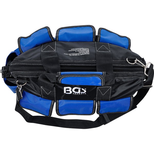 Werkzeugtasche mit Außentaschen, Reißverschluss, Tragegriffen, Schultergurt und BGS technic Logo.