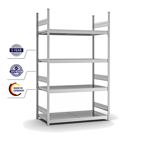 PROREGAL Weitspannregal Stecksystem T-Profil Grundregal HxBxT 250x150x60 cm 4 Ebenen Stahlplatten Fachboden Fachlast 350 kg Verzinkt
