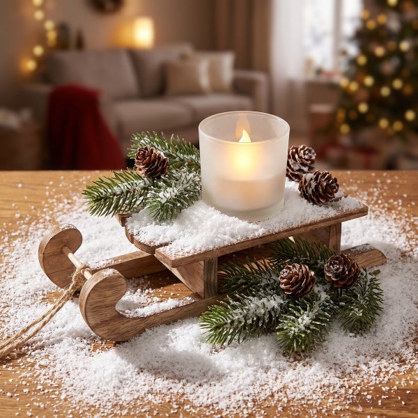 Weihnachtliche Tischdekoration mit Holzschlitten, brennender LED Kerze im Glas, Tannen zweigen und Zapfen auf künstlichem Schnee.