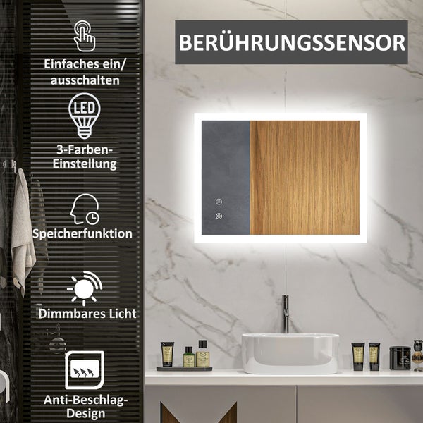 kleankin Badspiegel, Badezimmerspiegel mit LED-Beleuchtung, Lichtspiegel mit Touchschalter, Memory-Funktion, 70 x 50 cm beschlagfreier Wandspiegel mit 3 Lichtfarben, IP44 Wasserdicht