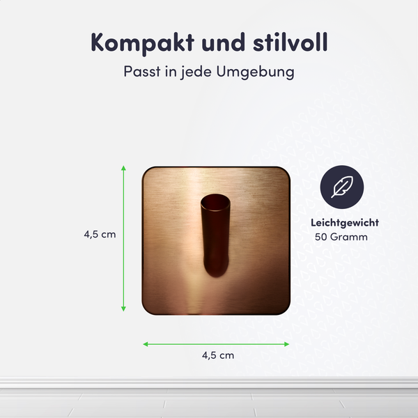 Quadratischer Wandhaken in Bronze-Optik, Abmessungen 4,5 Zentimeter mal 4,5 Zentimeter, Gewicht 50 Gramm.