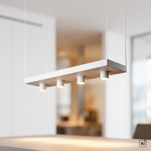 Moderne LED Pendelleuchte mit vier zylindrischen Strahlern und rechteckigem Leuchtenkorpus zur Beleuchtung über Esstischen.