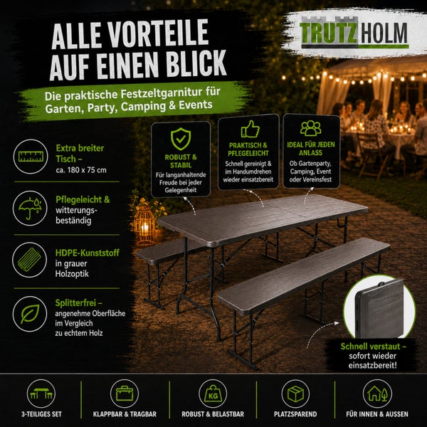 Trutz Holm Festzeltgarnitur aus Kunststoff in Holzoptik mit klappbarem Tisch und zwei Bänken für Garten Party Camping oder Events