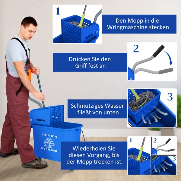 HOMCOM Putzwagen Reinigungswagen mit Wischmopp Presse 20 L Eimer mit Trennwand für Gebäudereinigung Hotel Blau