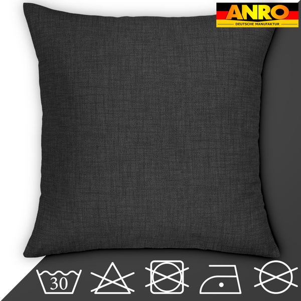 Einfarbiges Kissen mit Pflegehinweisen und Anro Logo