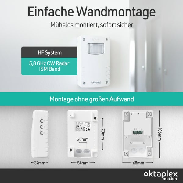 Okaplex Bewegungsmelder zur einfachen Wandmontage mit HF System und 5,8 GHz CW Radar ISM Band, Abmessungen